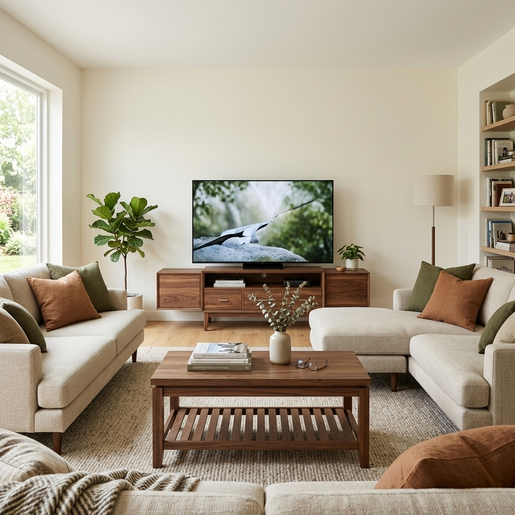 Walnut TV stand and coffee table set styled in a room setting
