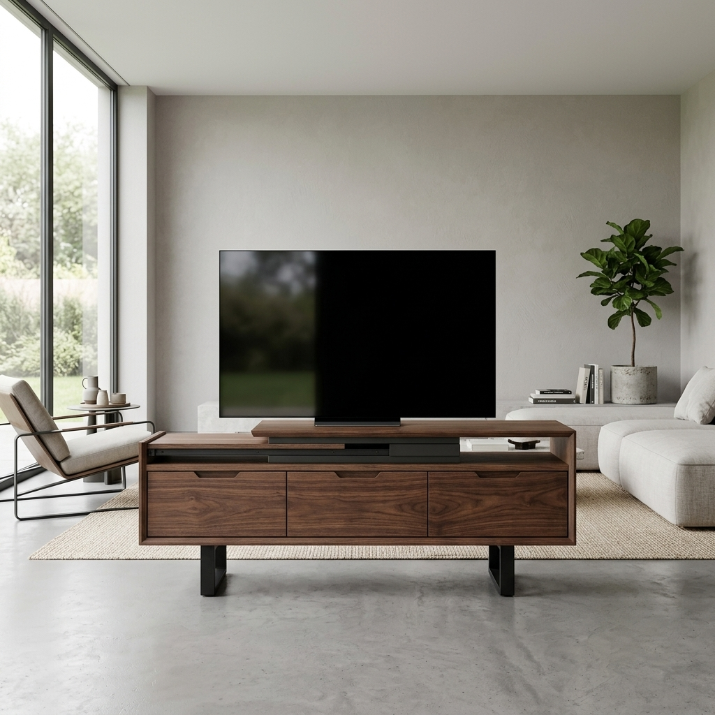 Walnut extendable TV console styled in a room setting