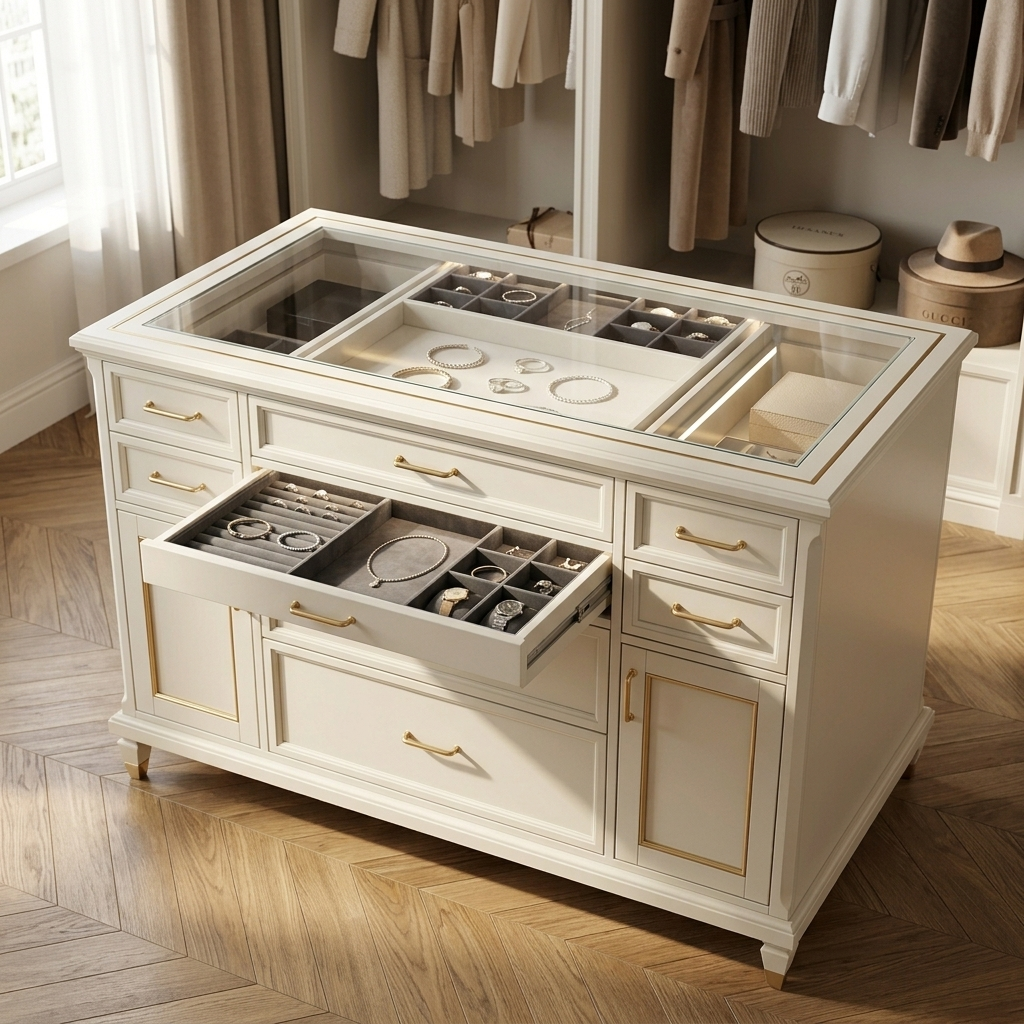Ivory glass-top dresser island angled lifestyle view