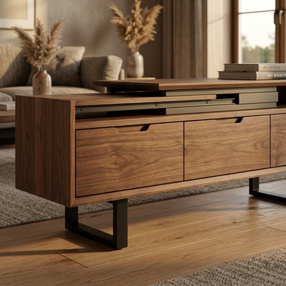 Walnut extendable TV console close-up detail view