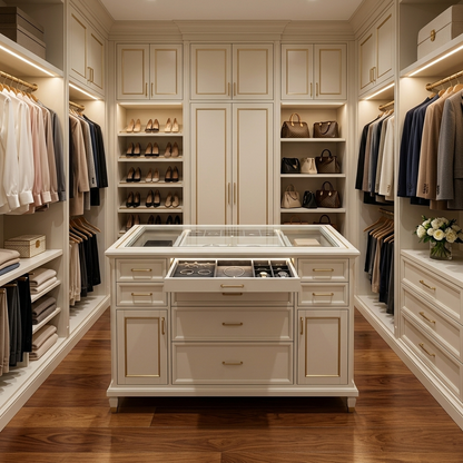 Ivory glass-top dresser island styled in a room setting