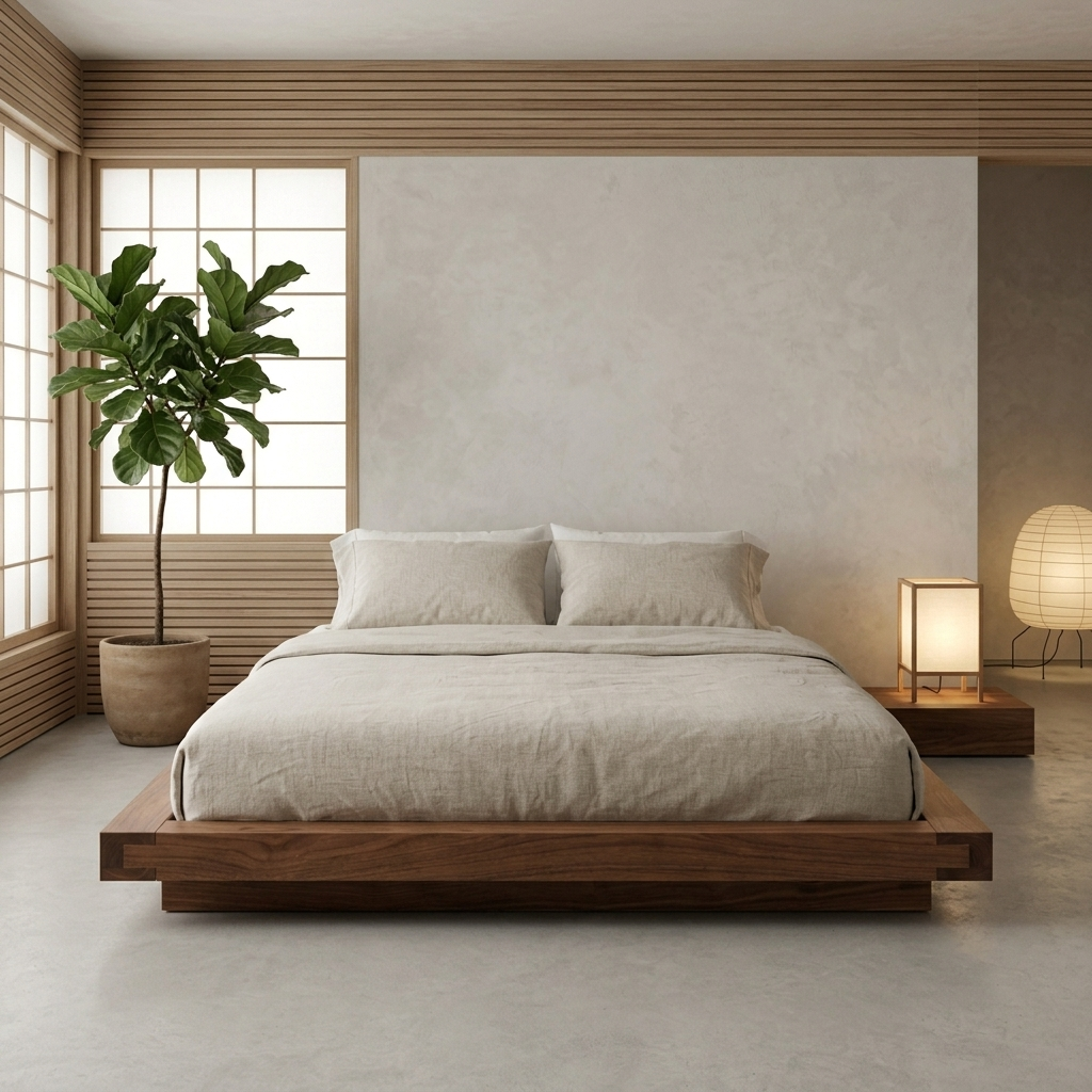 Walnut Japanese platform floor bed styled in a room setting
