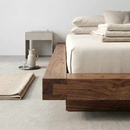 Walnut Japanese platform floor bed close-up detail view