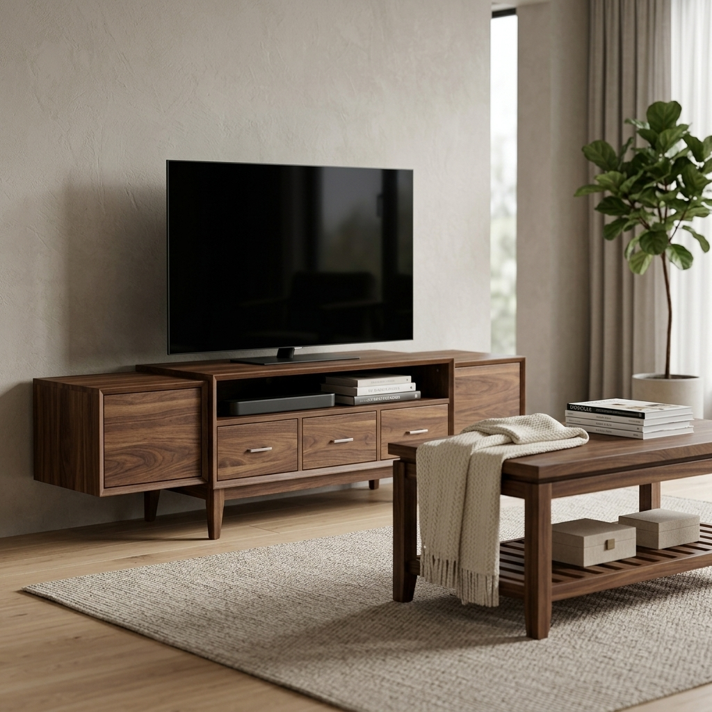 Walnut TV stand and coffee table set angled lifestyle view