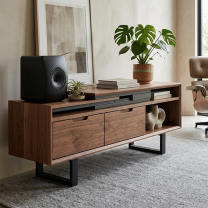Walnut extendable TV console angled lifestyle view