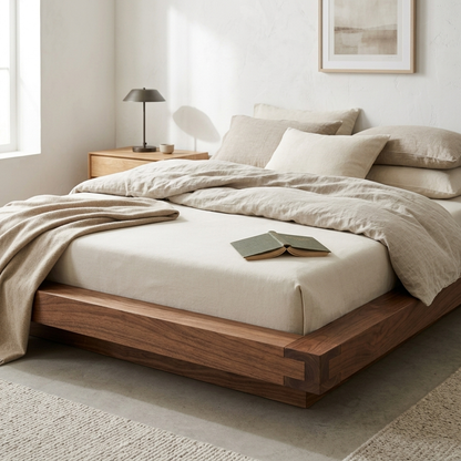 Walnut Japanese platform floor bed angled lifestyle view