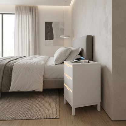 White LED bedside table with charging station styled in a room setting