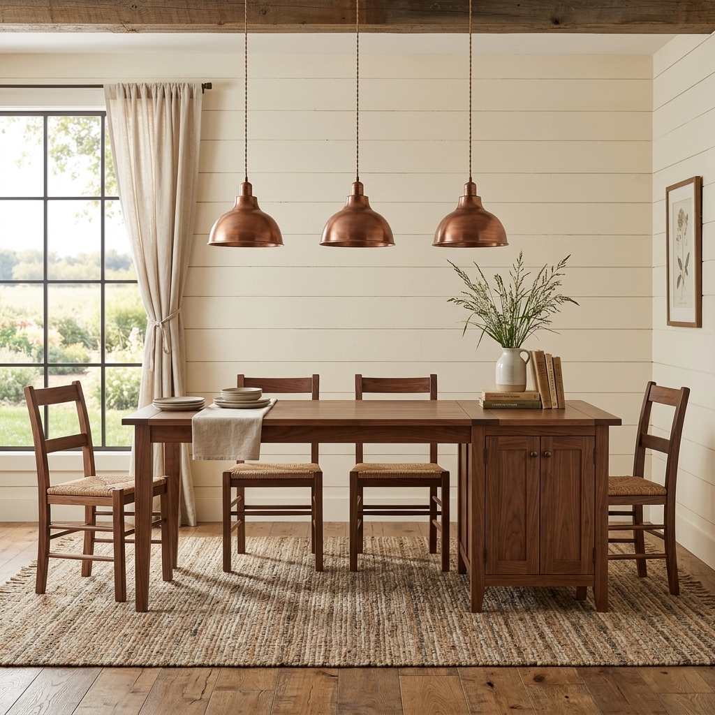 Farmhouse walnut dining table with sideboard styled in a room setting