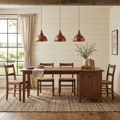Farmhouse walnut dining table with sideboard styled in a room setting