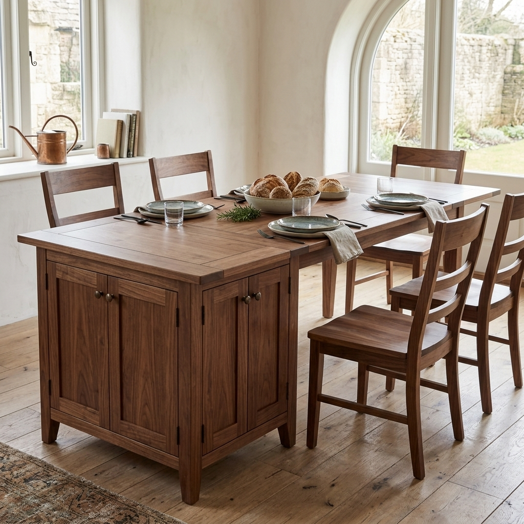 Farmhouse walnut dining table with sideboard angled lifestyle view