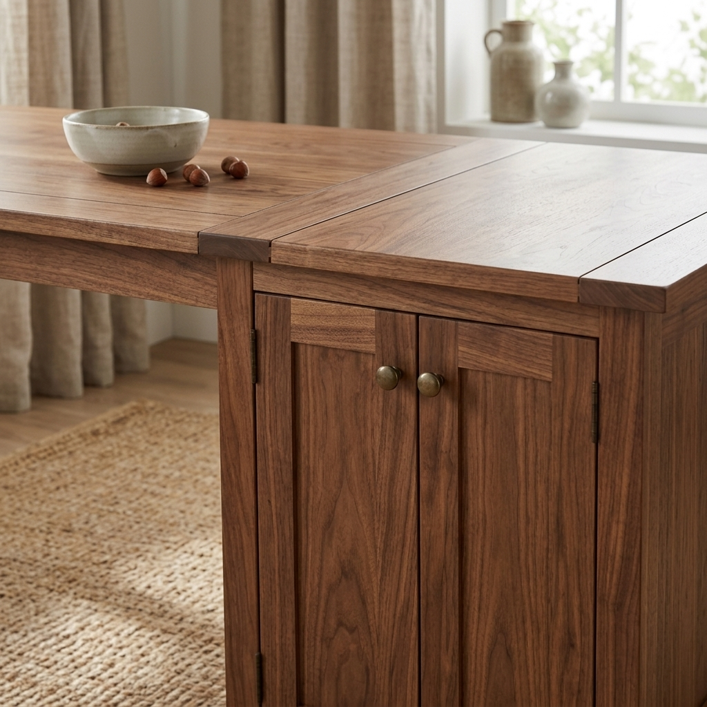 Farmhouse walnut dining table with sideboard close-up detail view