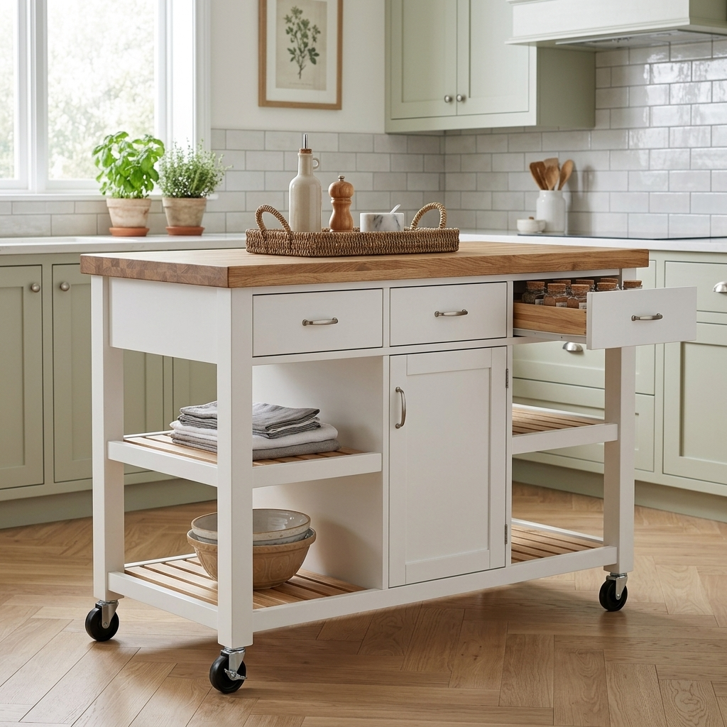 White kitchen island with storage angled lifestyle view