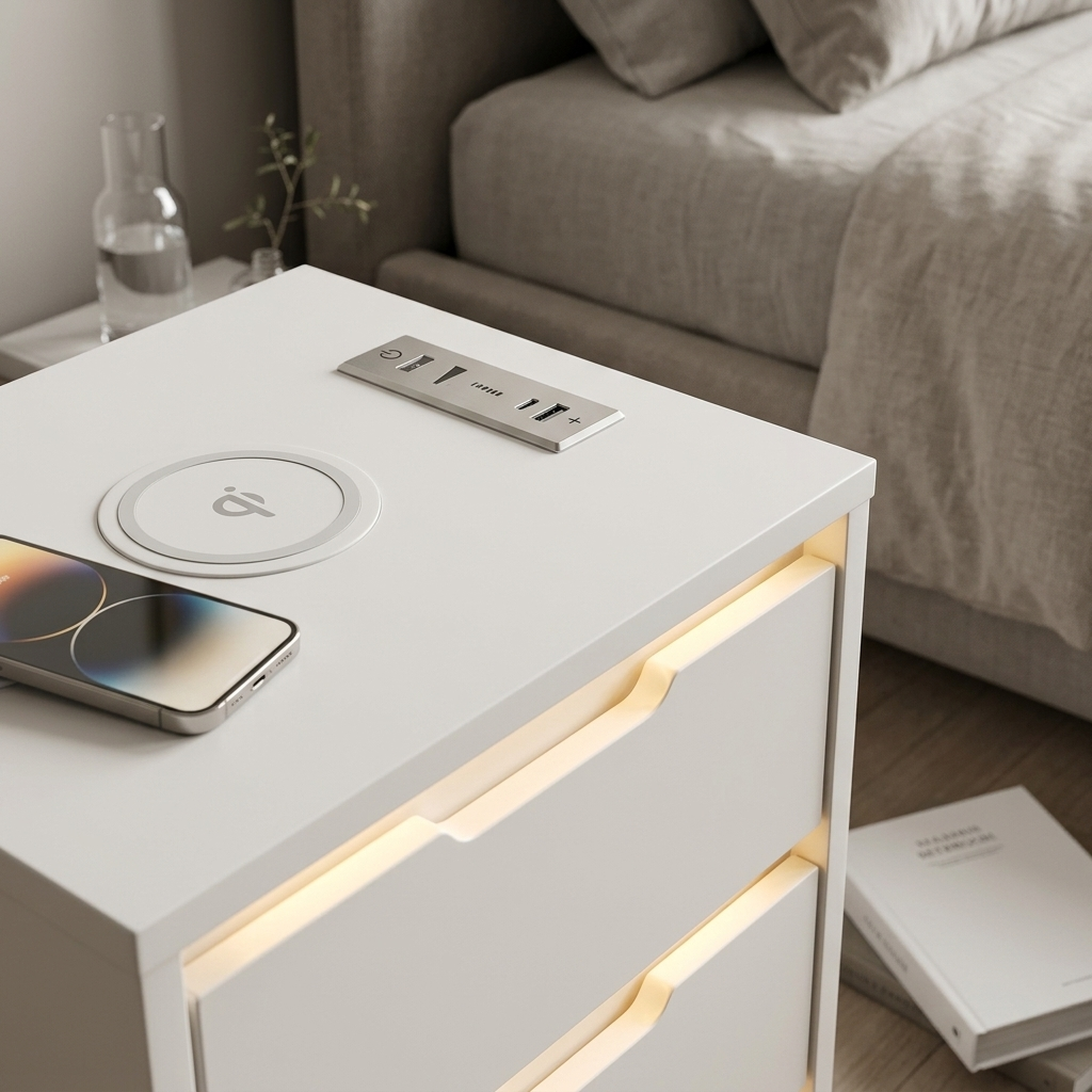 White LED bedside table with charging station close-up detail view