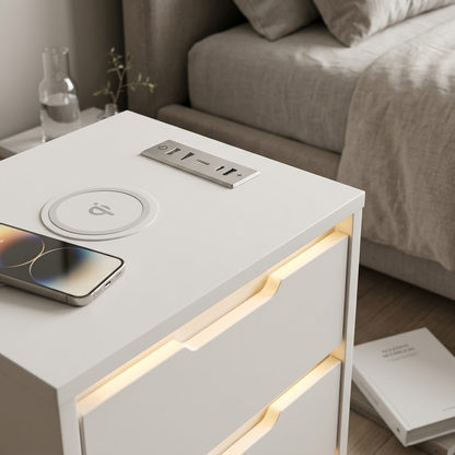 White LED bedside table with charging station close-up detail view