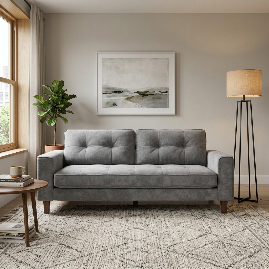 Grey chenille convertible sleeper sofa styled in a room setting
