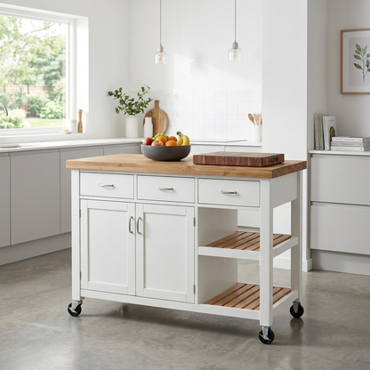 White kitchen island with storage styled in a room setting
