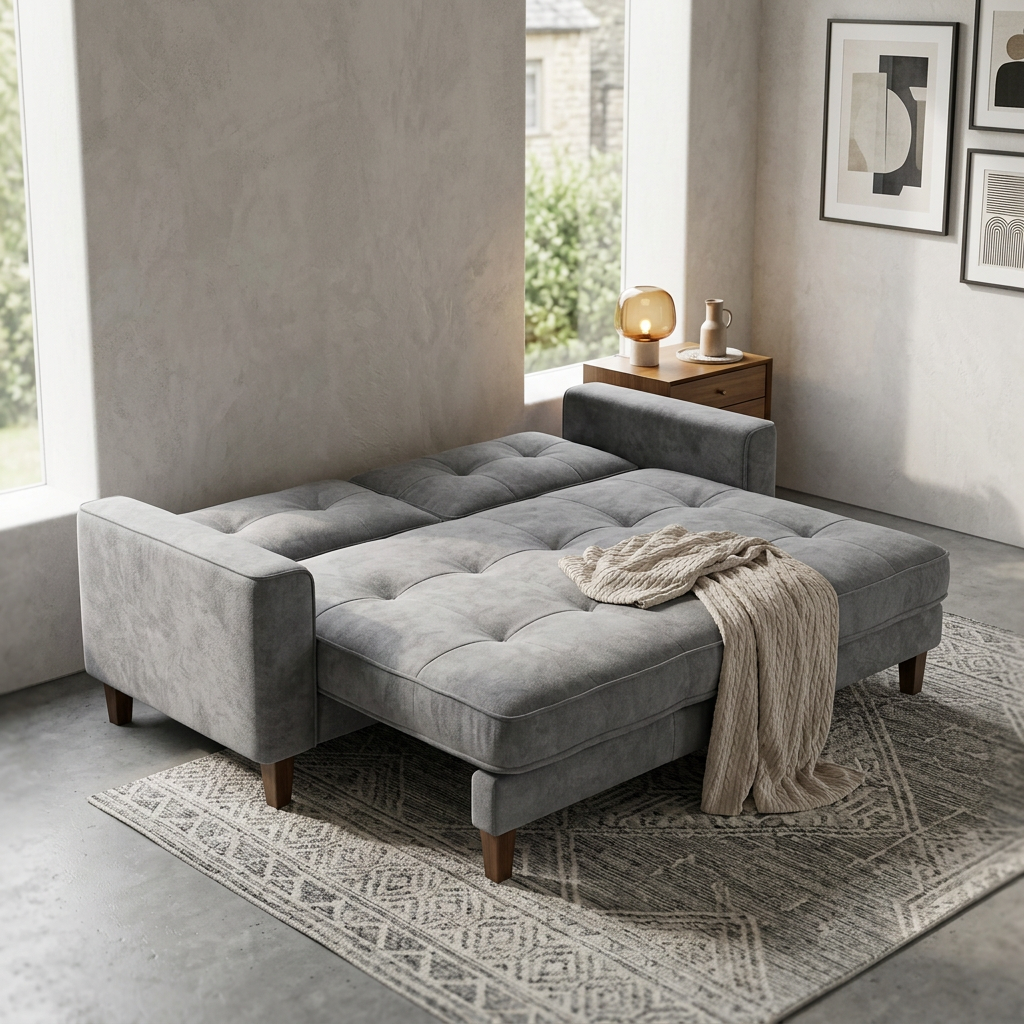 Grey chenille convertible sleeper sofa angled lifestyle view