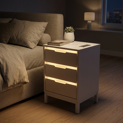 White LED bedside table with charging station angled lifestyle view