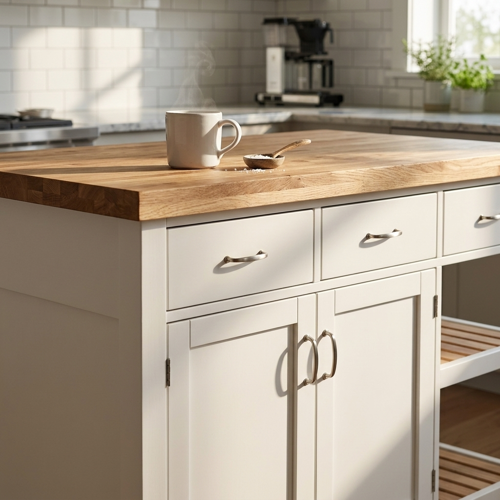 White kitchen island with storage close-up detail view