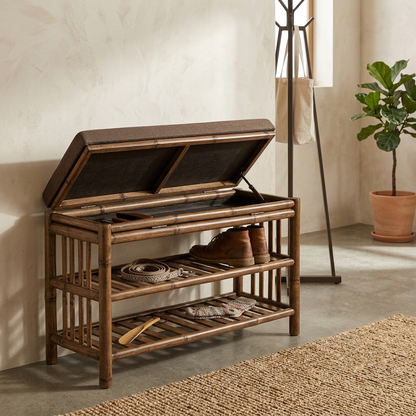 Bamboo shoe storage bench angled lifestyle view