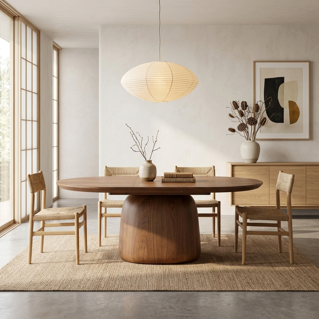 Warm walnut extendable pedestal dining table styled in a room setting