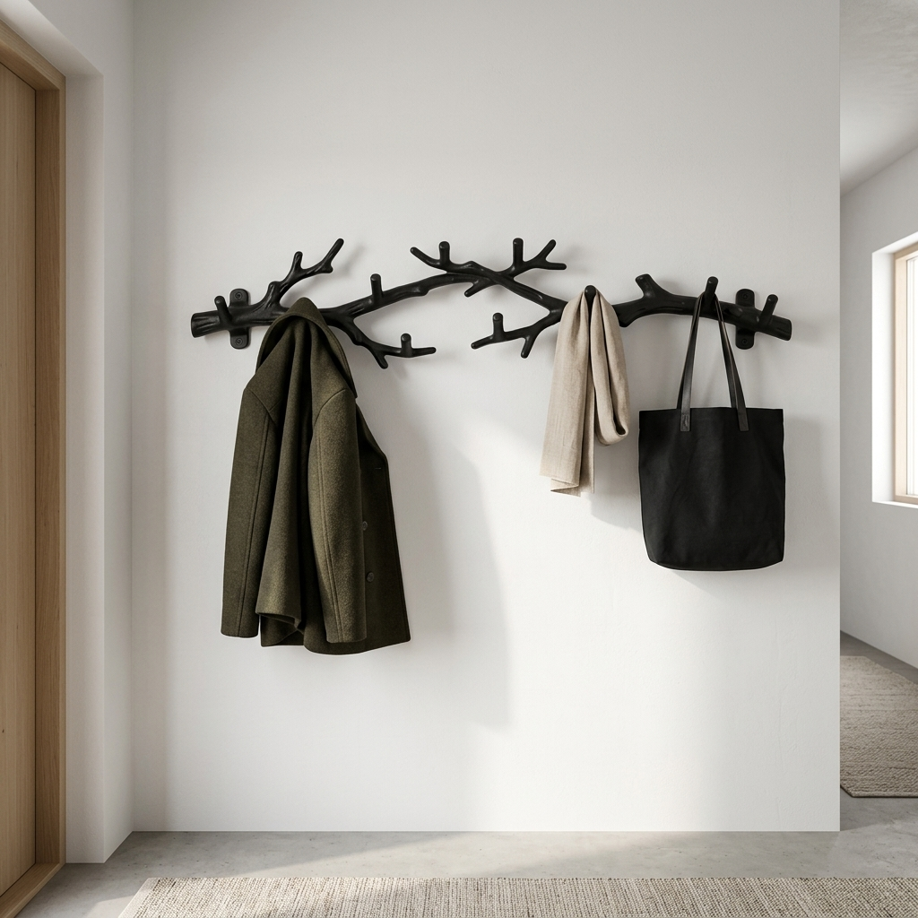 Black tree-branch wall-mounted coat rack styled in a room setting