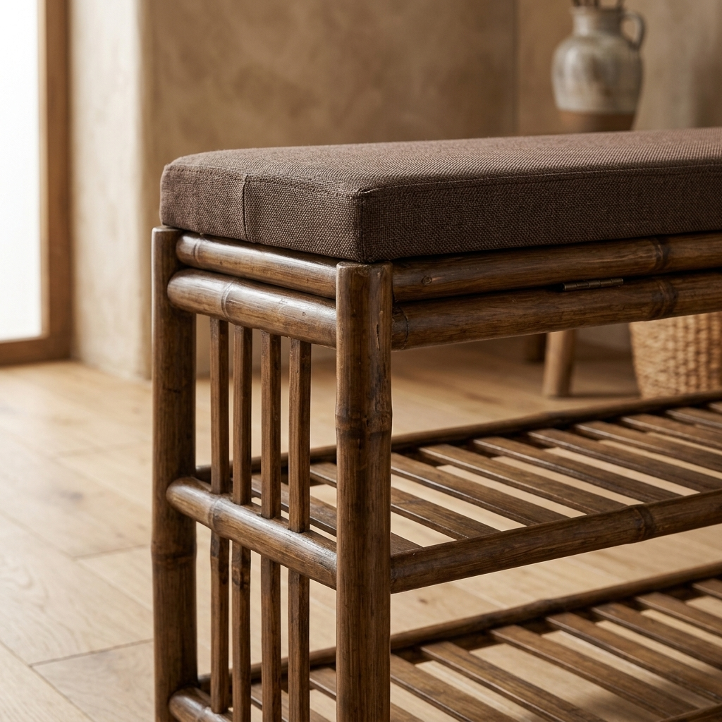 Bamboo shoe storage bench close-up detail view