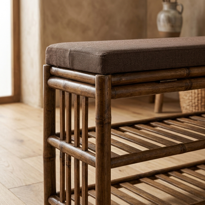 Bamboo shoe storage bench close-up detail view