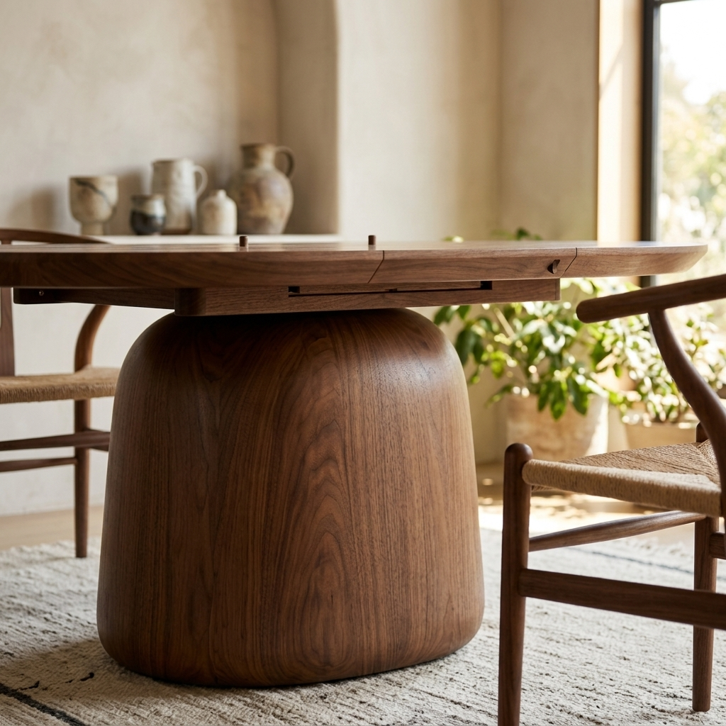 Warm walnut extendable pedestal dining table close-up detail view
