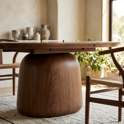 Warm walnut extendable pedestal dining table close-up detail view