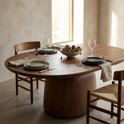 Warm walnut extendable pedestal dining table angled lifestyle view