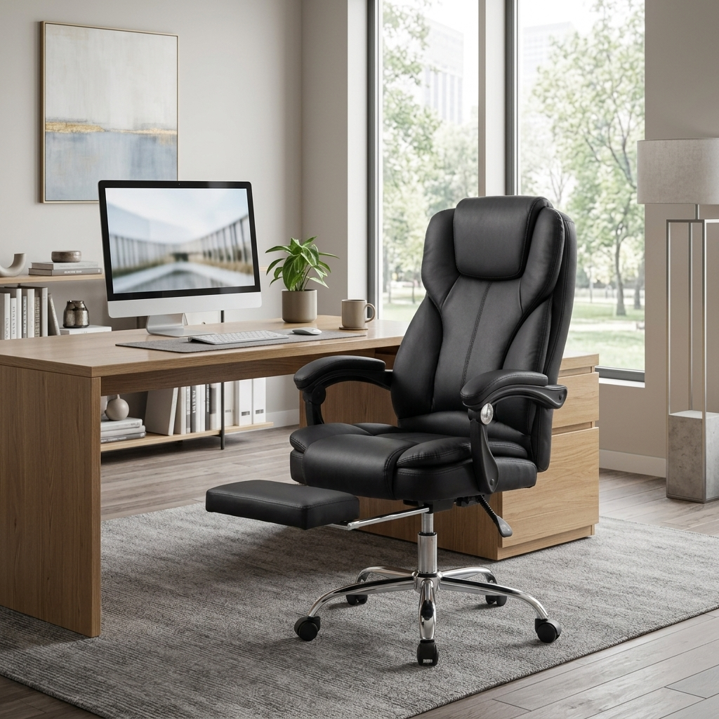 Black leather reclining office chair styled in a room setting