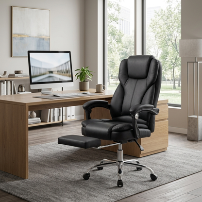 Black leather reclining office chair styled in a room setting