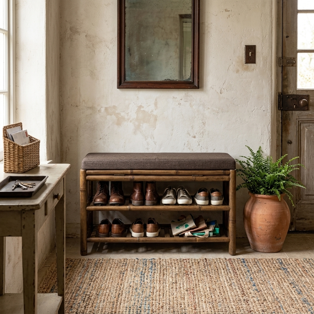 Bamboo shoe storage bench styled in a room setting