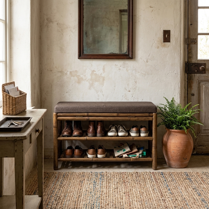 Bamboo shoe storage bench styled in a room setting