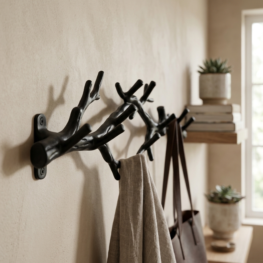 Black tree-branch wall-mounted coat rack close-up detail view