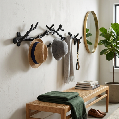 Black tree-branch wall-mounted coat rack angled lifestyle view