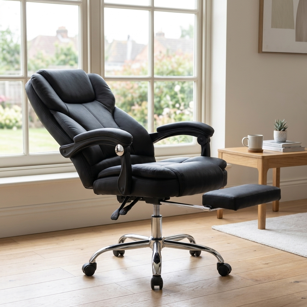 Black leather reclining office chair angled lifestyle view