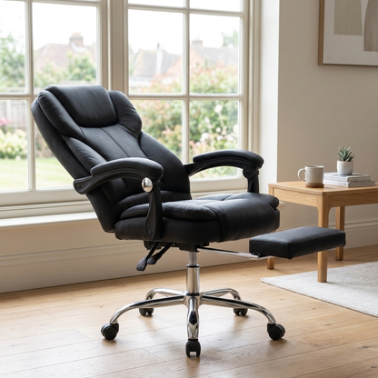 Black leather reclining office chair angled lifestyle view