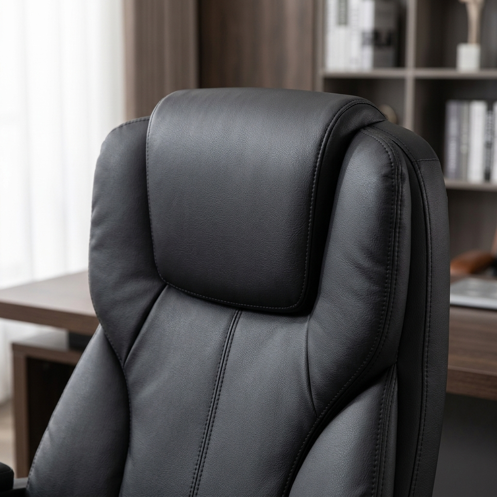 Black leather reclining office chair close-up detail view