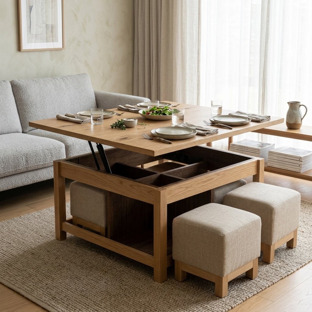 Natural lift-top coffee table with stools angled lifestyle view