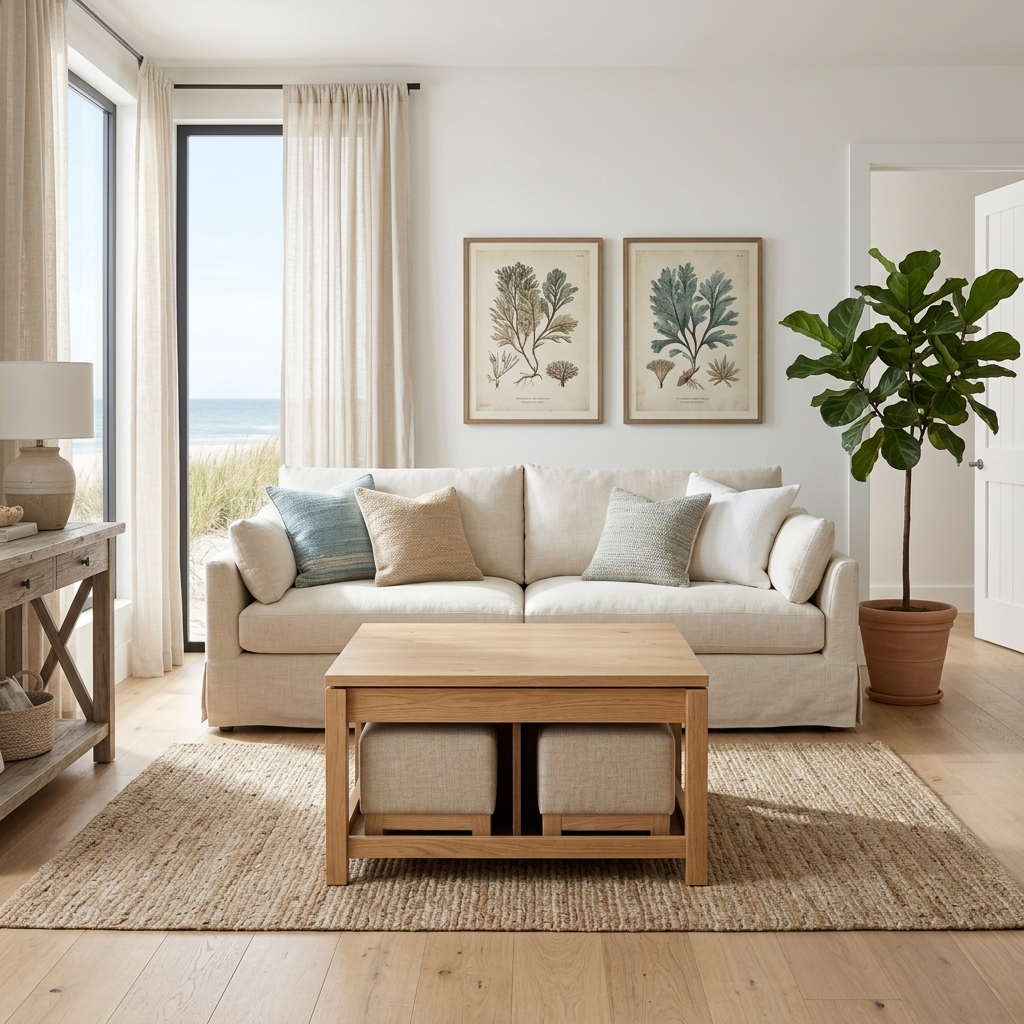 Natural lift-top coffee table with stools styled in a room setting