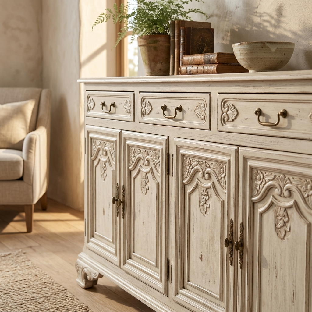 Distressed white French country sideboard close-up detail view