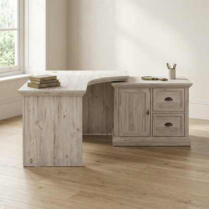 Whitewash L-shaped office desk angled lifestyle view
