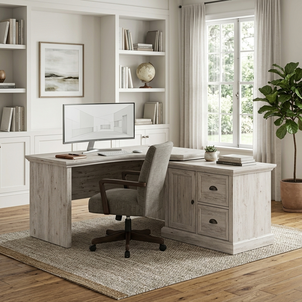 Whitewash L-shaped office desk styled in a room setting