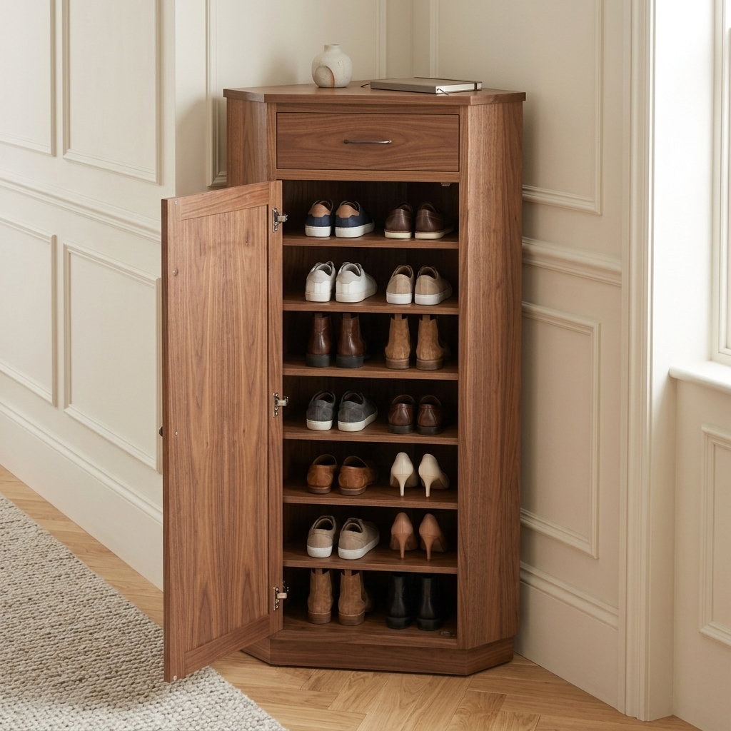 Walnut corner shoe storage cabinet angled lifestyle view