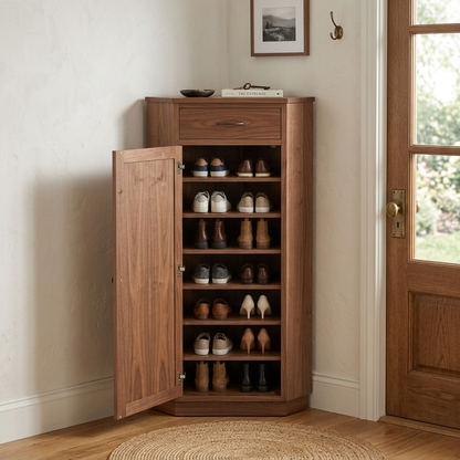 Walnut corner shoe storage cabinet styled in a room setting