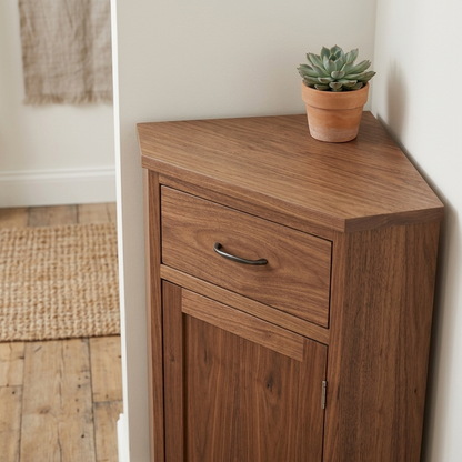 Walnut corner shoe storage cabinet close-up detail view
