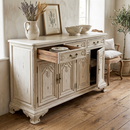 Distressed white French country sideboard angled lifestyle view