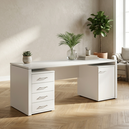 White two-person office desk angled lifestyle view